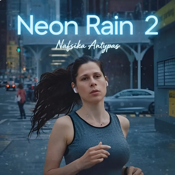 Neon Rain 2 title card featuring Nafsika Antypas in a blue athletic top on a rainy city street.