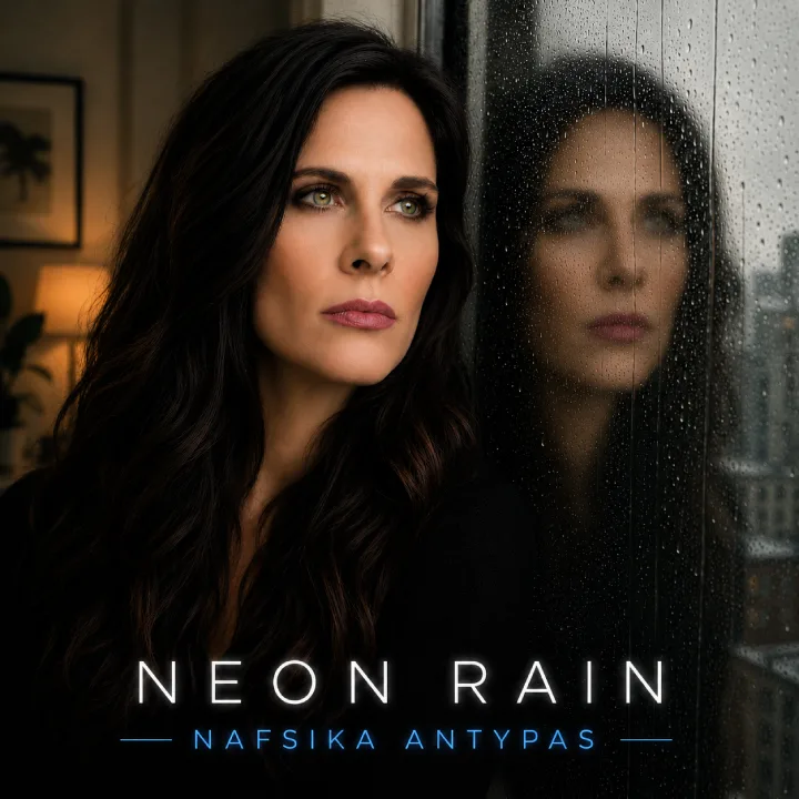 Woman with long dark hair gazing through a rain-streaked window, with Neon Rain cover text.